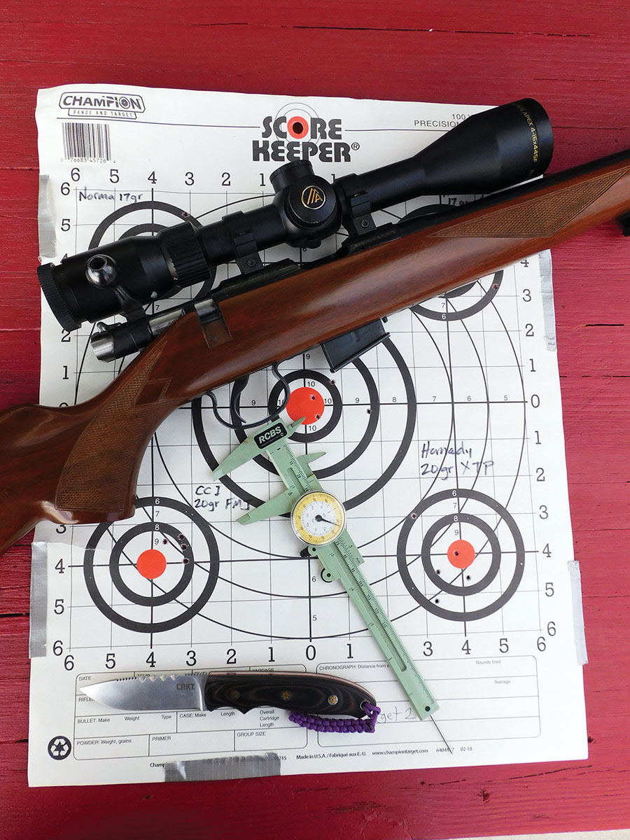 The 17 HMR is a proper tack driver within its sweet spot which is 50 to 75 yards. At these ranges it makes sense to try for head shots on ground squirrels. Lewis shot 100-yard, three- and five-shot groups when testing on paper and found squirrel-sized gaps with his favorite bullet. After an hour at the range, both the rifle and the shooter had a new favorite.